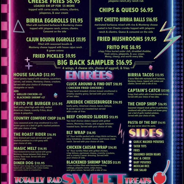 Vibrant 80s-style neon menu displaying appetizers, entrees, and sides against a dark background.