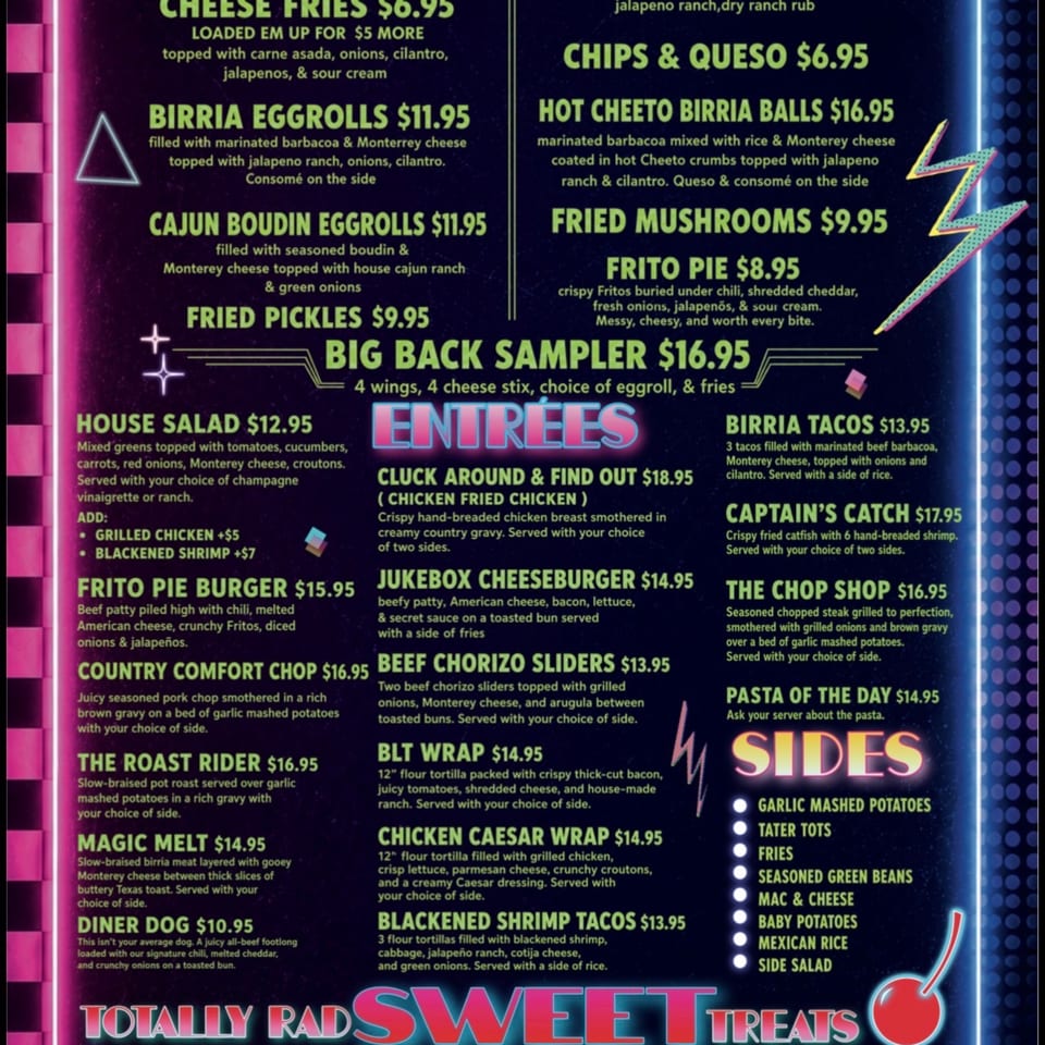 Vibrant 80s-style neon menu displaying appetizers, entrees, and sides against a dark background.