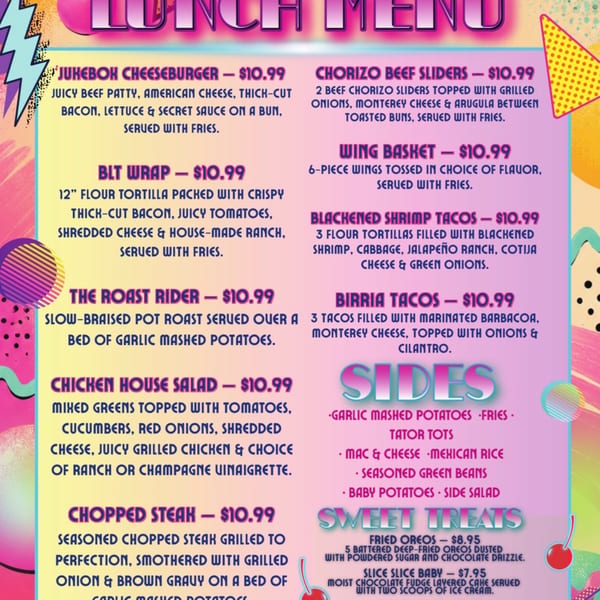 Colorful retro-style lunch menu displaying various food items, prices, and descriptions.
