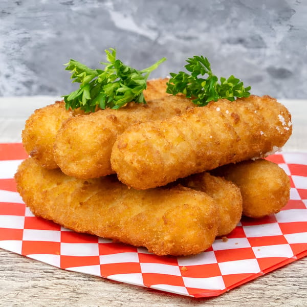 Golden-brown mozzarella sticks, garnished with fresh parsley, on a red and white checkered paper.