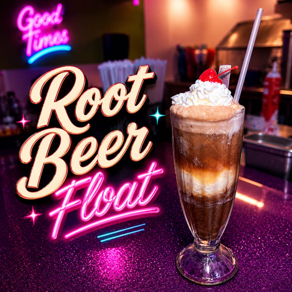 Root beer float with whipped cream and cherry on a sparkly purple counter, with a "Good Times" neon sign.