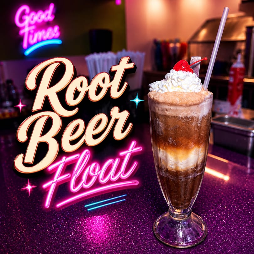 Root beer float with whipped cream and cherry on a sparkly purple counter, with a "Good Times" neon sign.
