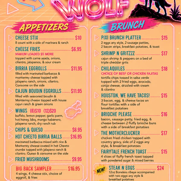 Vibrant, neon-style menu for WOLF restaurant, showcasing appetizers and brunch selections.